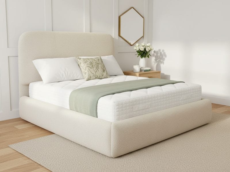 Luna bed in bouclé fabric with optional ottoman storage
