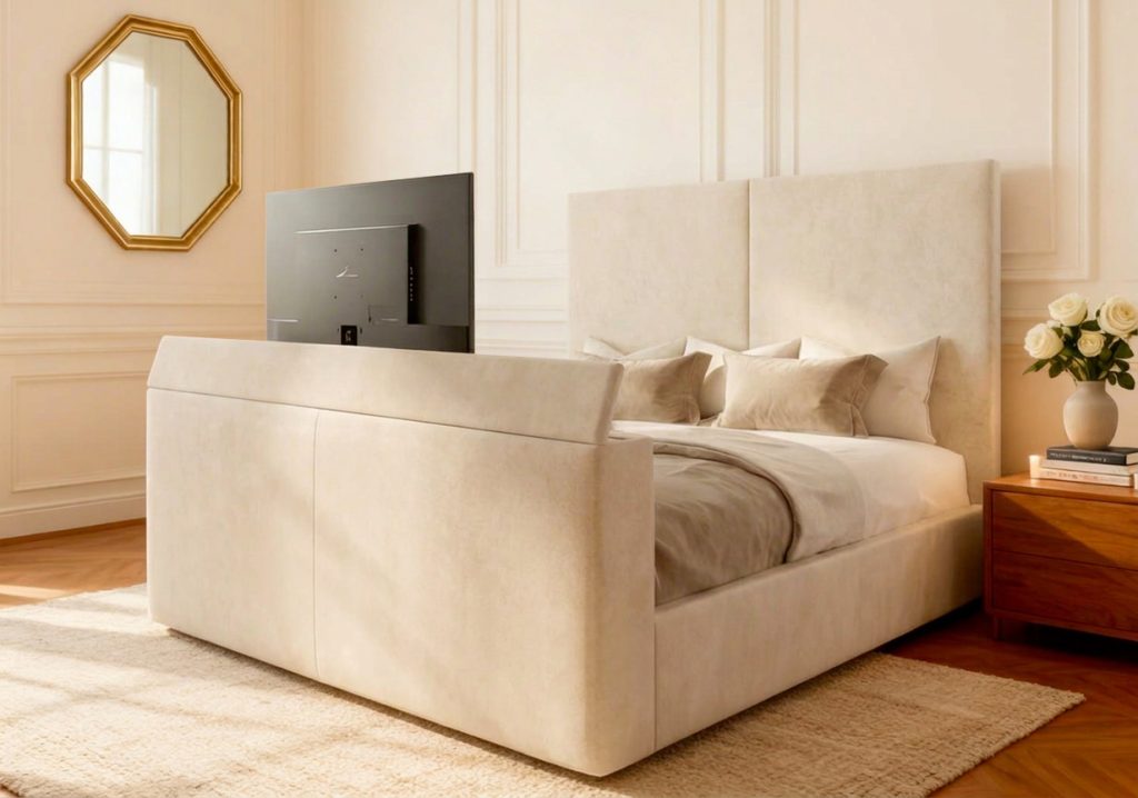 Masham TV Bed tv bed with cream naples straight headboard in a modern bedroom