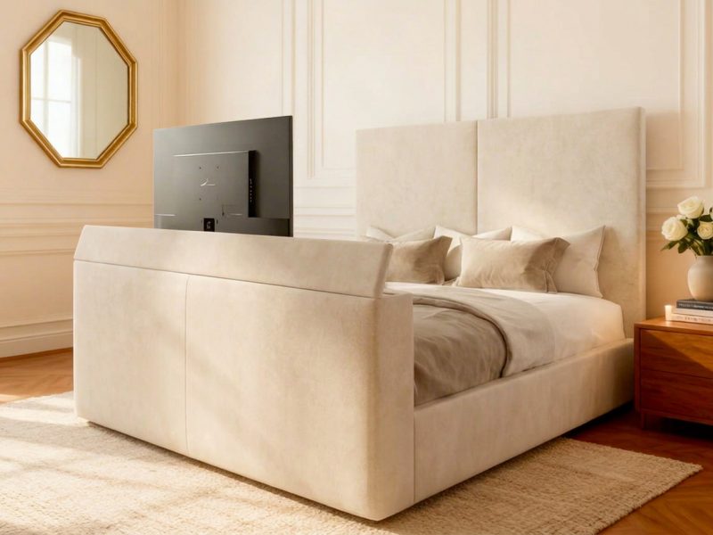 Masham TV Bed tv bed with cream naples straight headboard in a modern bedroom