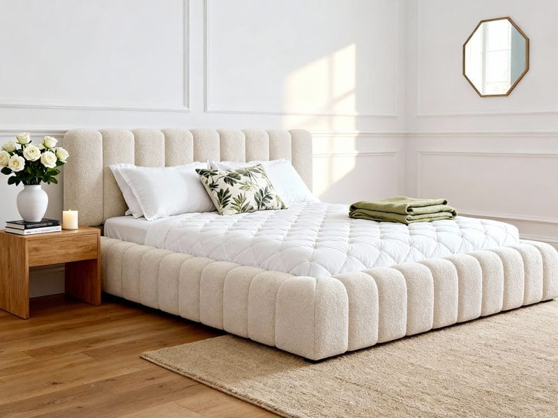 Nuvola Low Profile Bed - Handcrafted Luxury in Bouclé - Optional Ottoman Storage