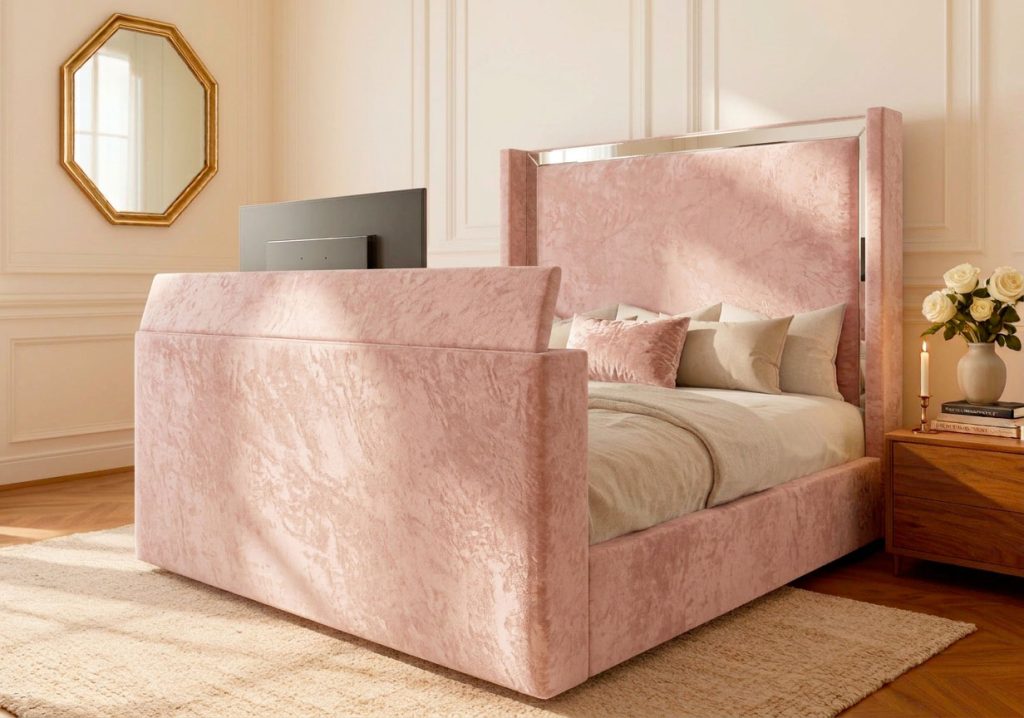 Portofino TV Bed tv bed with blush crush straight headboard in a modern bedroom