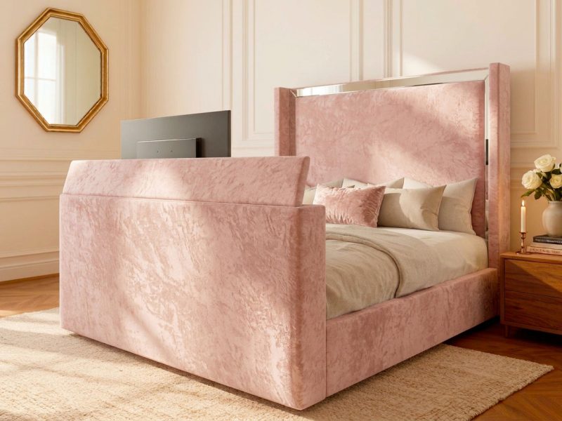 Portofino TV Bed tv bed with blush crush straight headboard in a modern bedroom