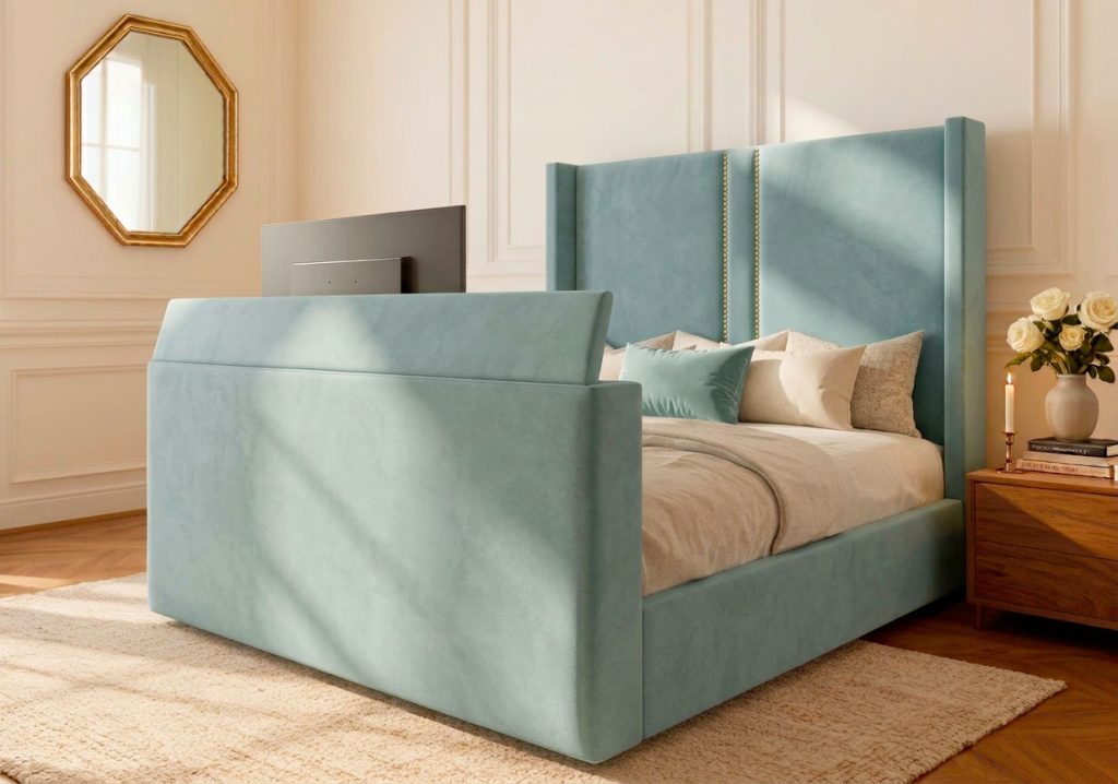 Positano TV Bed tv bed with duck egg plush straight headboard in a modern bedroom
