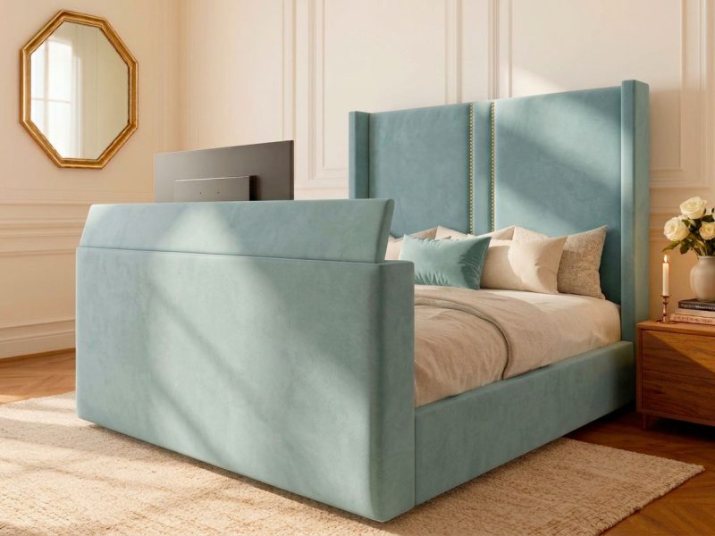 Positano TV Bed tv bed with duck egg plush straight headboard in a modern bedroom