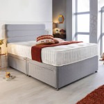 Side view of the Ralph Divan Bed with mattress and 3 Horizontal line Headboard with 2 same side storage Drawers in Bedroom