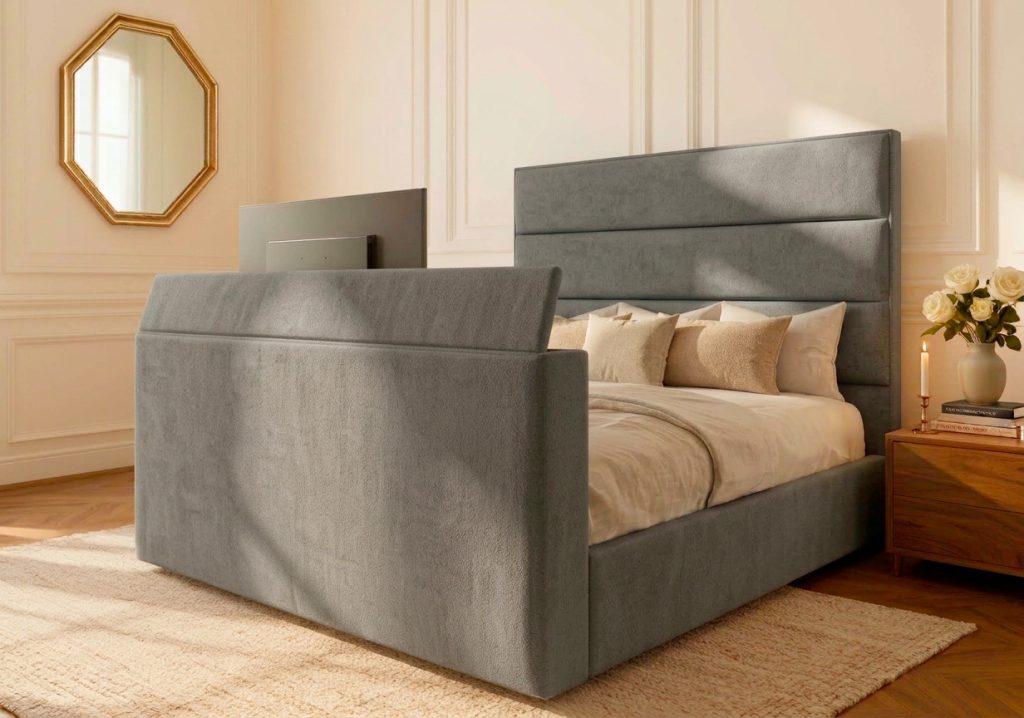 Ripon TV Bed tv bed with slate naples straight headboard in a modern bedroom
