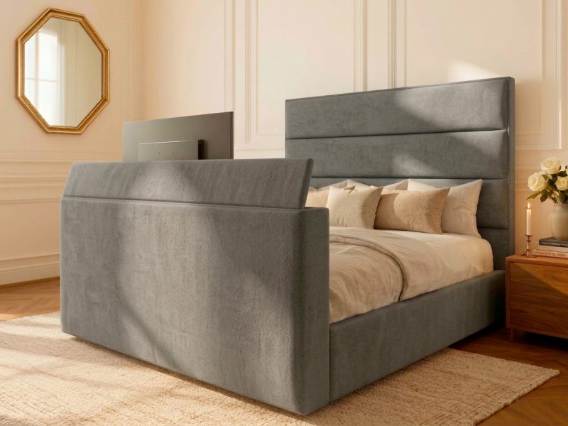 Ripon TV Bed tv bed with slate naples straight headboard in a modern bedroom