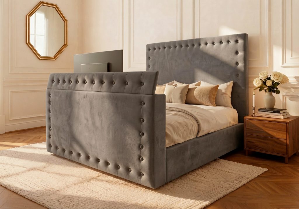 Robin Hood's Bay TV Bed tv bed with grey crush straight headboard in a modern bedroom