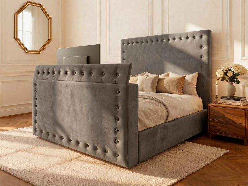Robin Hood's Bay TV Bed tv bed with grey crush straight headboard in a modern bedroom
