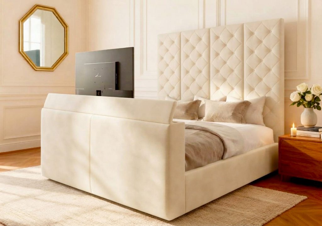 Saltaire TV Bed tv bed with grey plush straight headboard in a modern bedroom