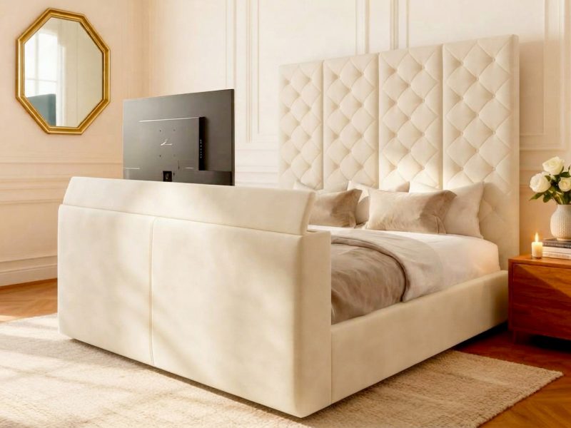 Saltaire TV Bed tv bed with grey plush straight headboard in a modern bedroom
