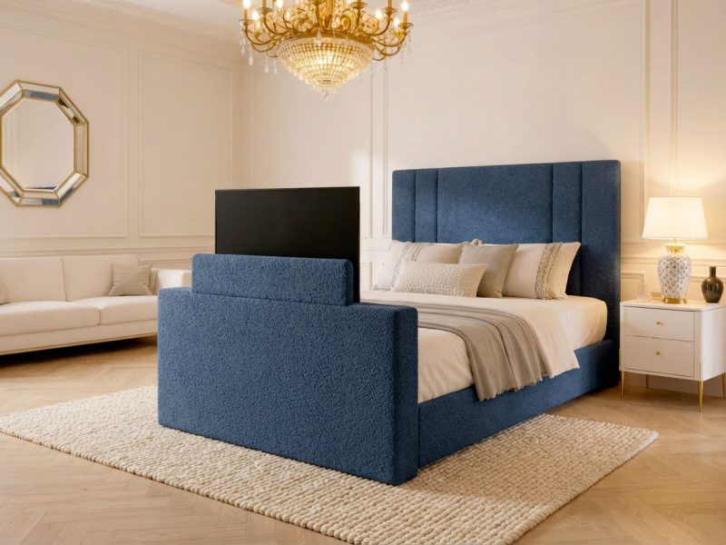 Scarborough TV Bed tv bed with blue boucle straight headboard in a modern bedroom