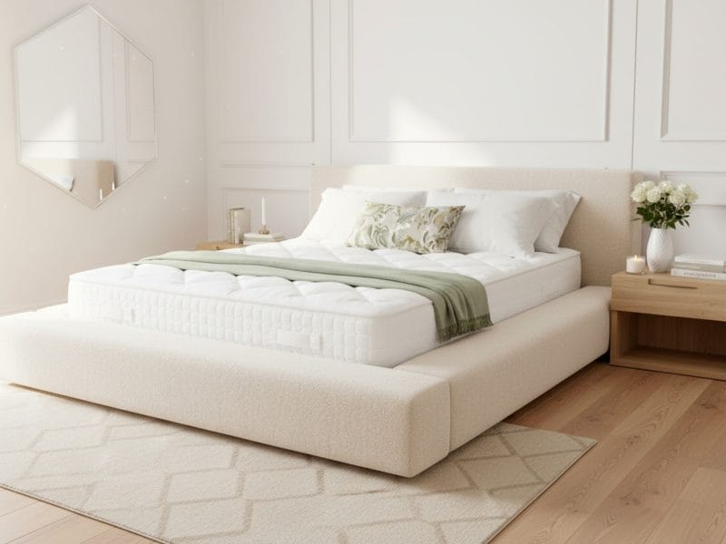 Shindai Bouclé Bed Frame - Low Profile Japanese Inspired Platform Bed - Optional Ottoman Storage