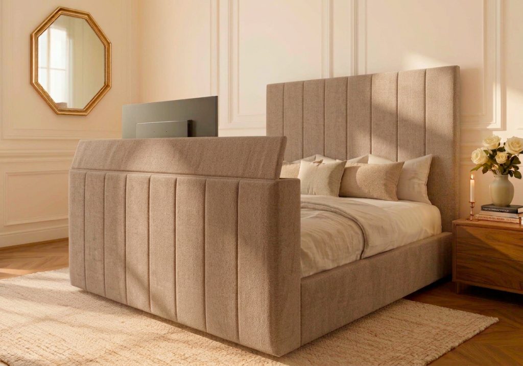 Skipton TV Bed tv bed with mink chenille straight headboard in a modern bedroom