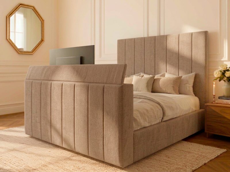 Skipton TV Bed tv bed with mink chenille straight headboard in a modern bedroom
