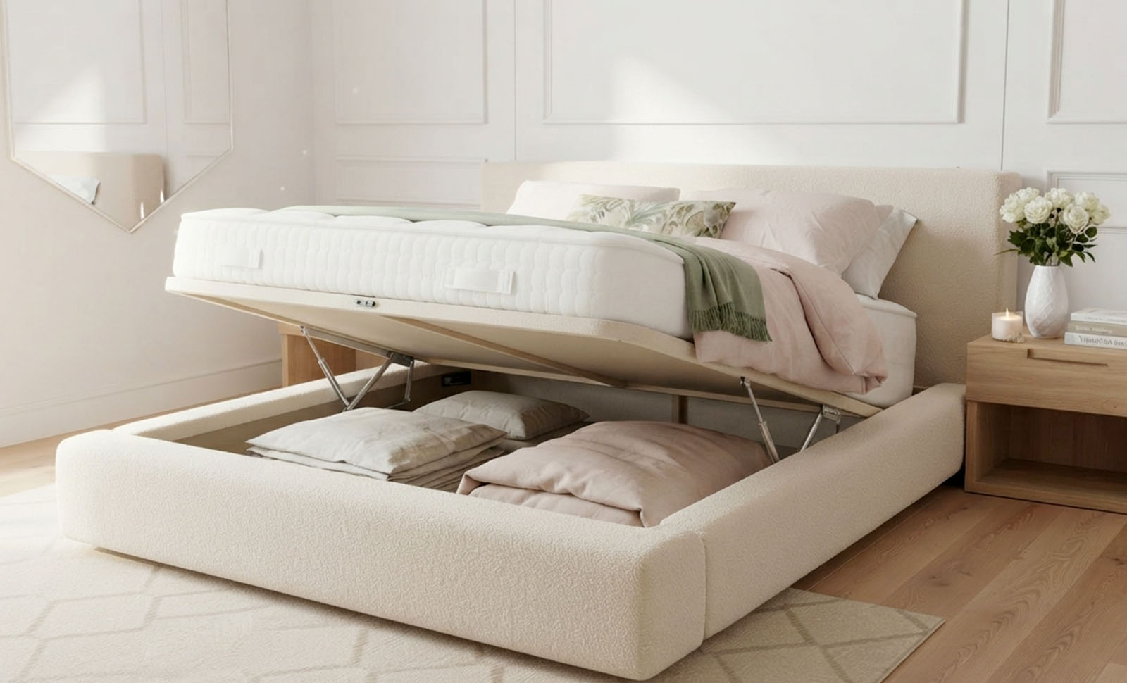 Ottoman storage bed with the base lifted to show the storage space underneath