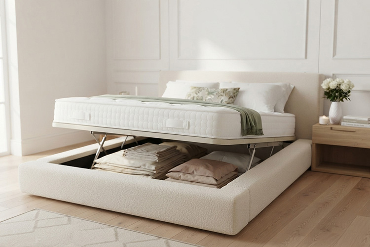 Ottoman storage bed with the gas-lift base raised to show the under-bed storage, handmade in Yorkshire