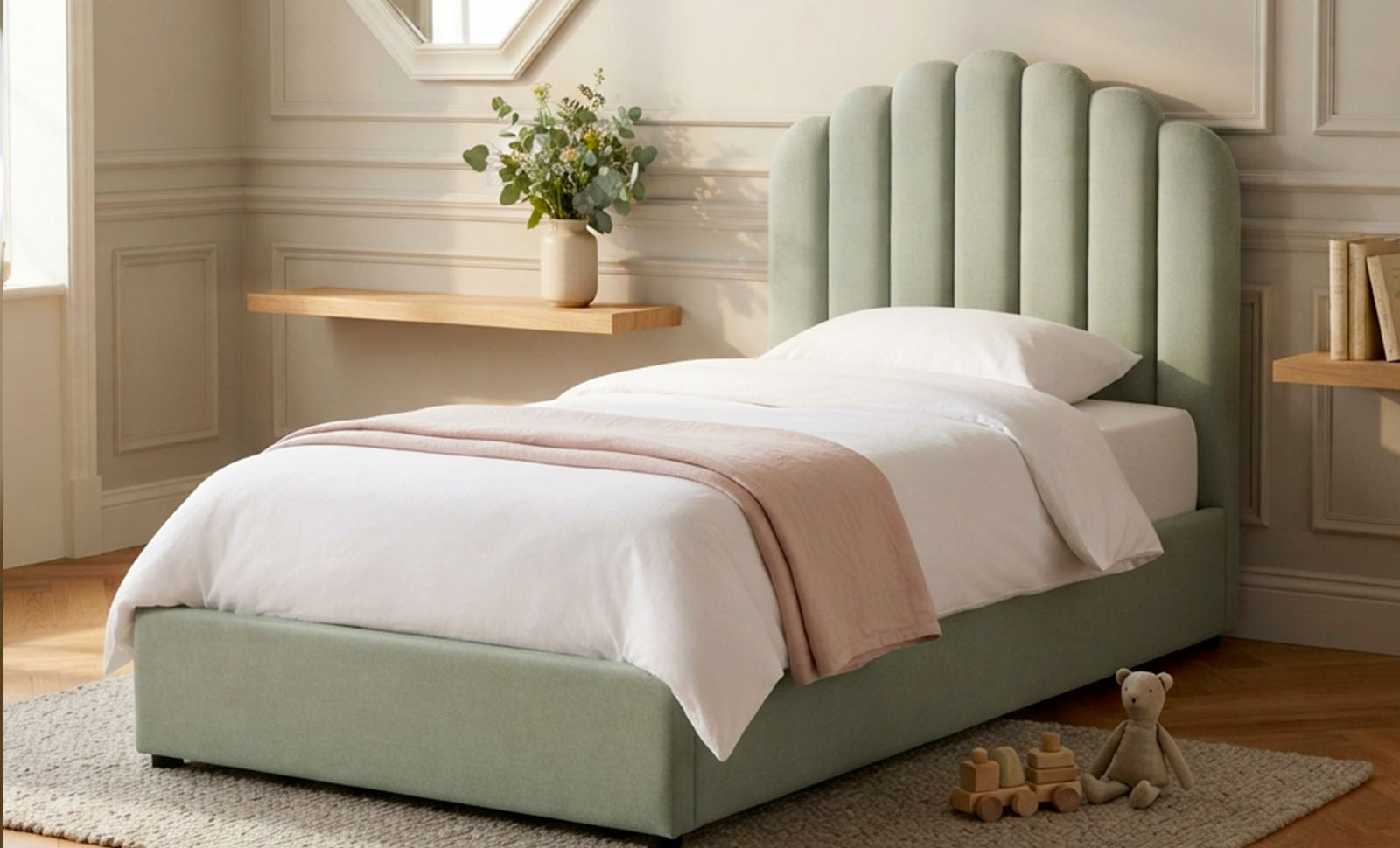 Upholstered kids bed with built-in storage in a child bedroom, handmade in Yorkshire