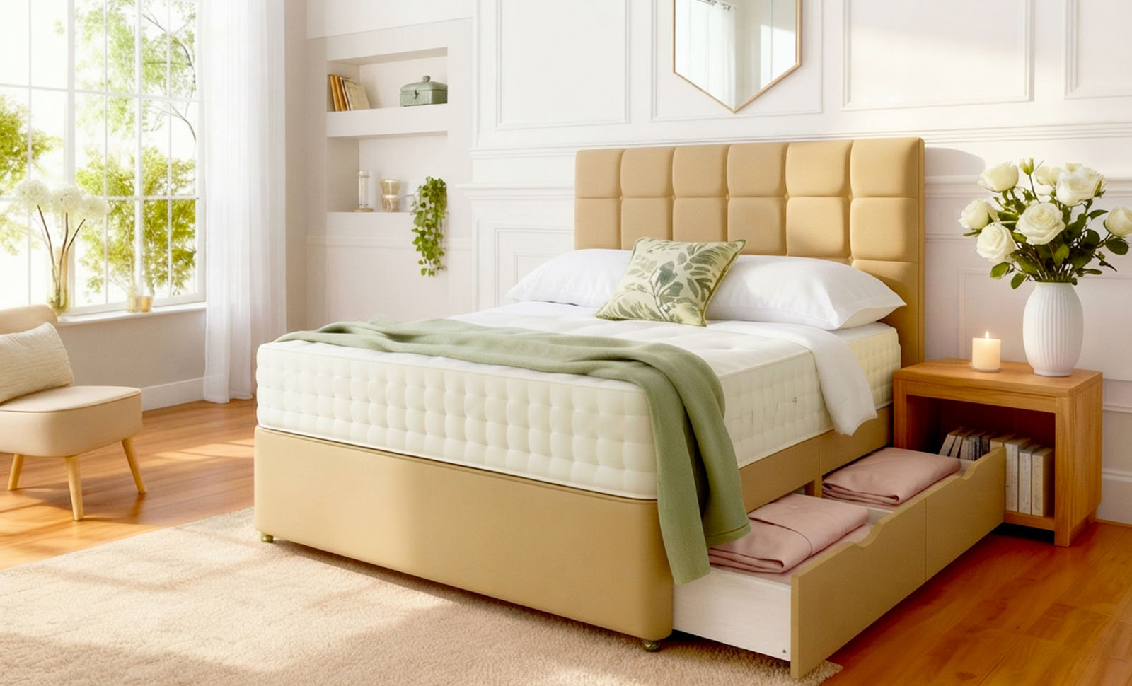 Upholstered divan bed with a headboard in a bedroom, handmade in Yorkshire