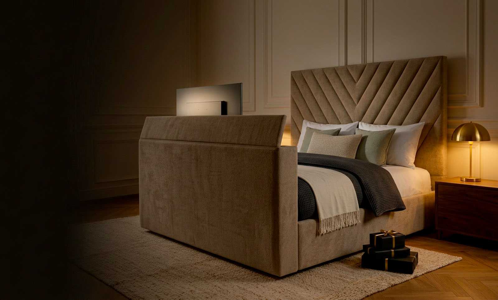 Upholstered TV bed with the TV raised from the footboard in a softly lit bedroom, Black Friday 2026 offer