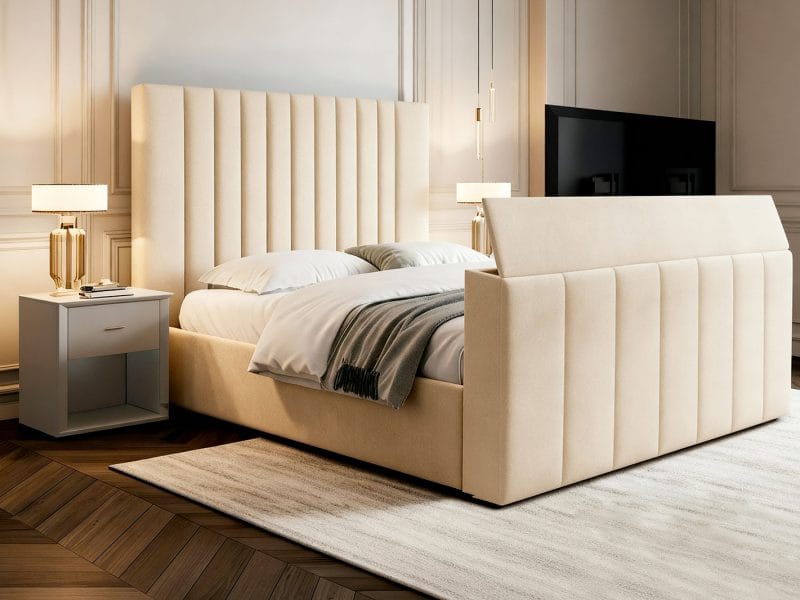 Beige color Television Bed with flat screen
