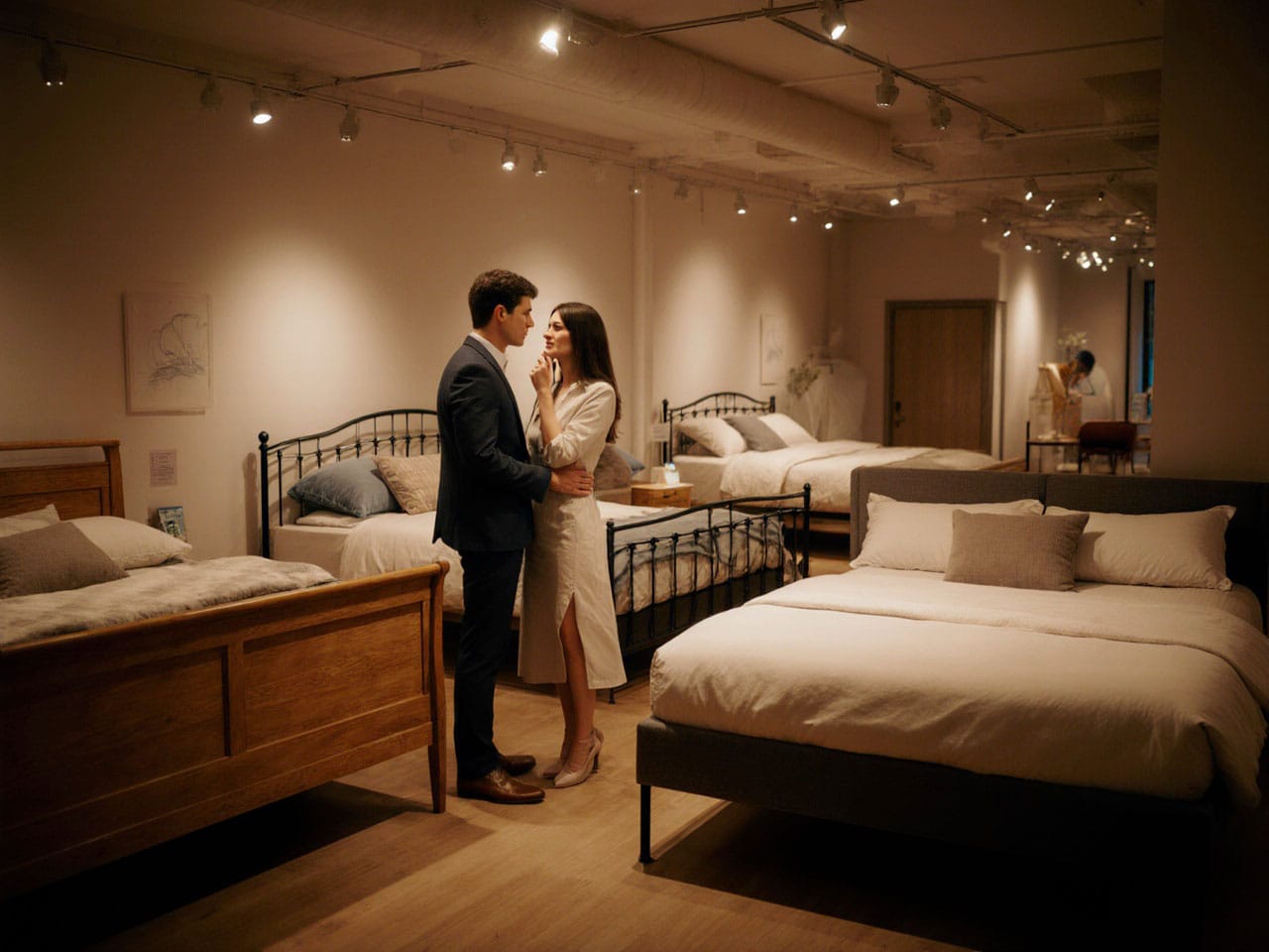 Couple discussing beds in showroom.