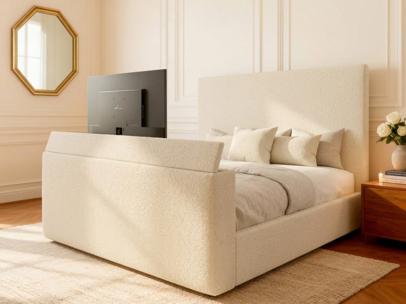 Whitby TV Bed tv bed with cream boucle straight headboard in a modern bedroom