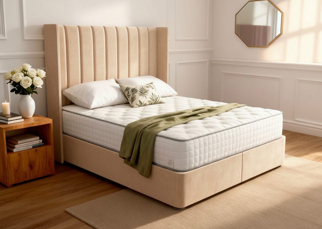 Elegant bedroom with stylish 'Harmony Beds' York Ottoman bed